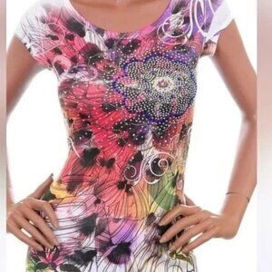 Embellished Rhinestone T-Shirt Graphic Crew-Neck Stretch Short Sleeve